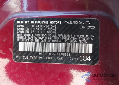 2020 Mitsubishi Mirage G4 Es z USA, uszkodzony, nr VIN ML32F3FJ7LHF09183
